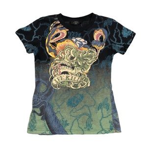 Christian Audigier Ed Hardy Rhinestone Skull t shirt Womens Small Made in USA.